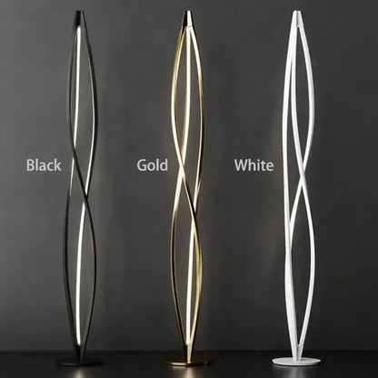 Three modern decorbites led spiral floor lamps with sleek twisted aluminum frames in black gold and white finishes