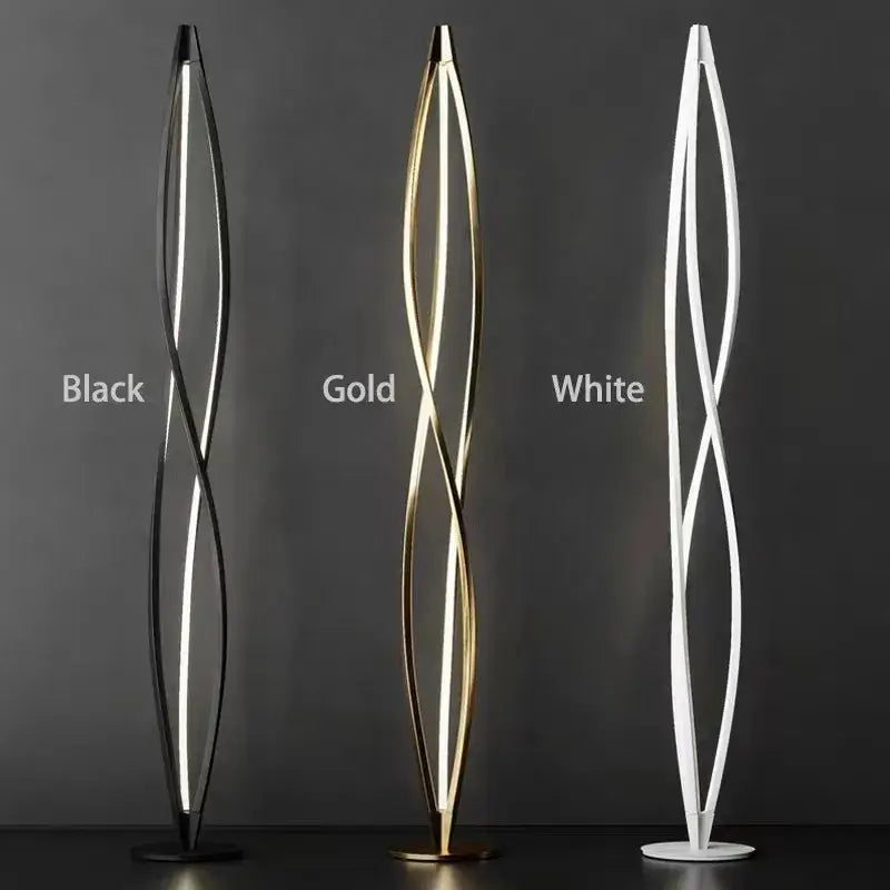 Three modern decorbites led spiral floor lamps with sleek twisted aluminum frames in black gold and white finishes