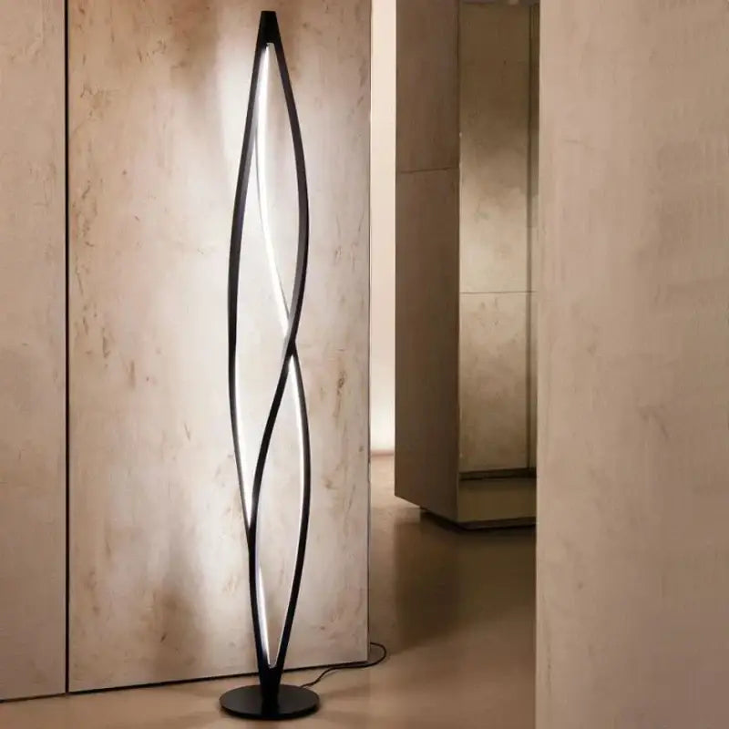 Black twisted led spiral aluminum floor lamp with modern design for home office and dining by decorbites