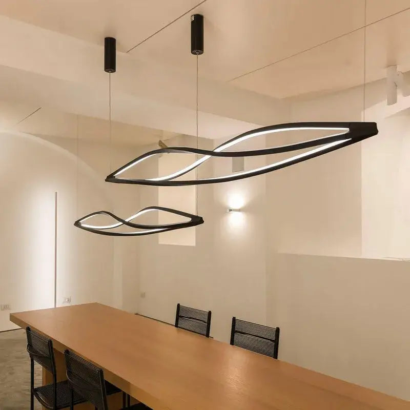 Modern black decorbites led spiral aluminum pendant lights with sleek intertwined ovals and glowing white LED strips