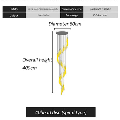 Tall elegant decorbites led spiral chandelier in gold and coffee with 40 aluminum and acrylic disc heads for stairwell lighting