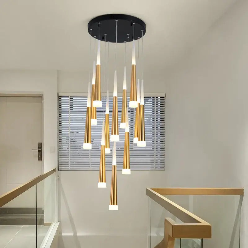 Modern gold and white decorbites led spiral chandelier with black circular ceiling mount for stairwell lighting