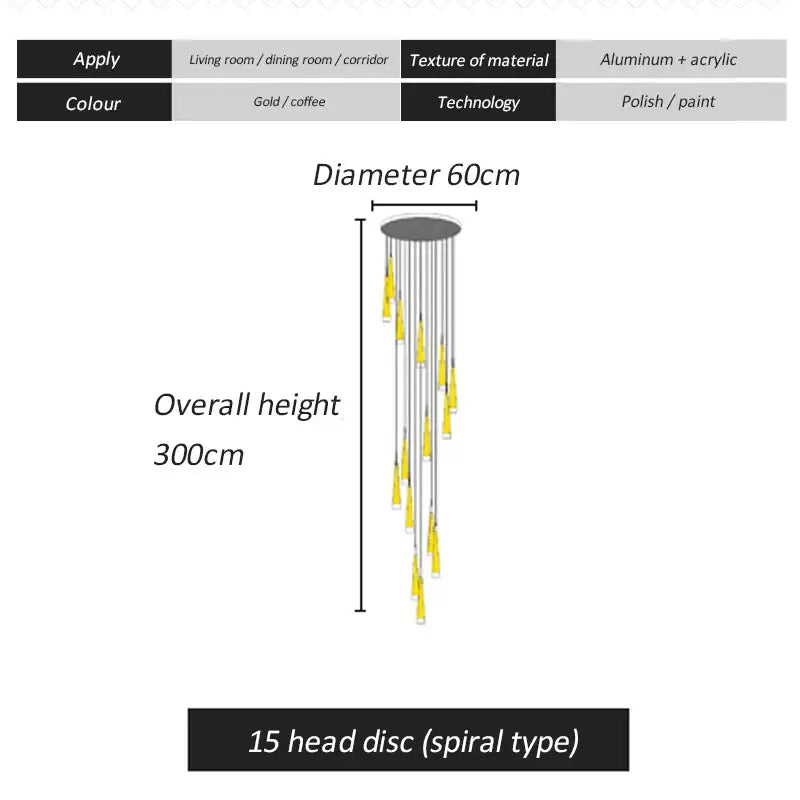 Modern gold and coffee decorbites led spiral chandelier with 15 aluminum and acrylic light heads for stairwell lighting