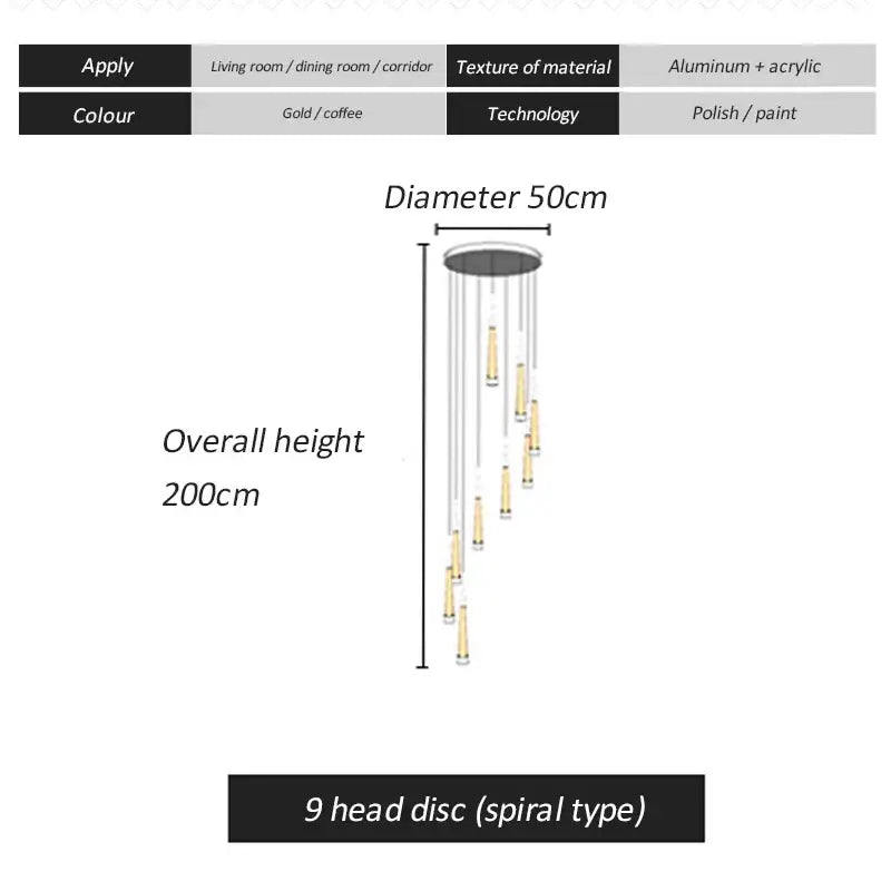 Decorbites led spiral chandelier gold and coffee aluminum acrylic modern pendant light for stairwell lighting