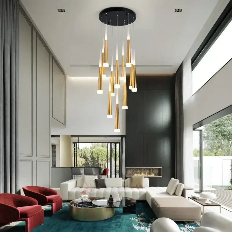 Modern gold and white decorbites led spiral chandelier with tapered shades hanging from black ceiling mount for stairwell lighting