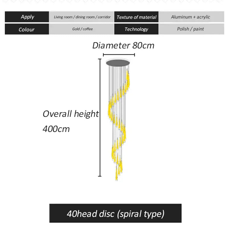 DecorBites led spiral chandelier with 40 aluminum and acrylic discs in gold and coffee for stairwell lighting