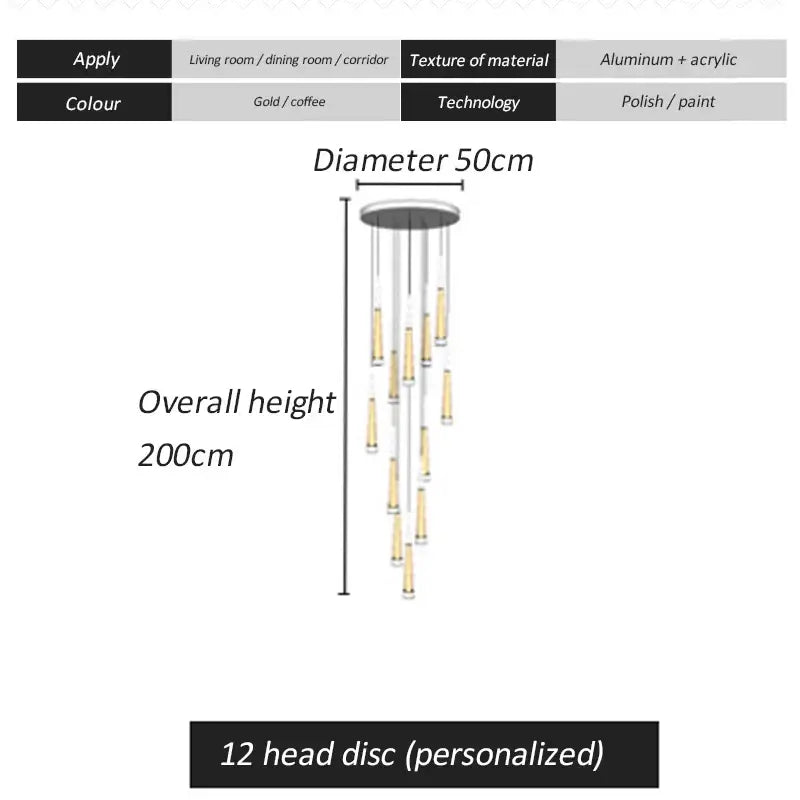 Decorbites led spiral chandelier in gold and coffee on aluminum acrylic structure with 12 head discs 50cm diameter