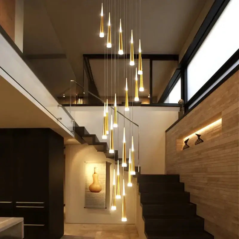 A modern gold-toned decorbites led spiral chandelier with tapered glass shades for contemporary home lighting