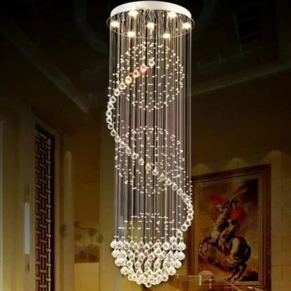DecorBites led spiral crystal ball chandelier with white circular top and clear faceted crystals for indoor stairs