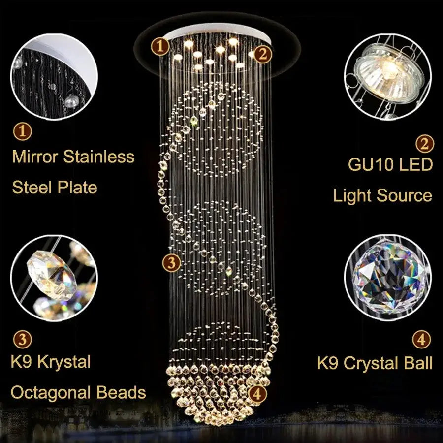 Elegant decorbites led spiral crystal ball chandelier with cascading k9 octagonal beads and mirrored stainless steel base