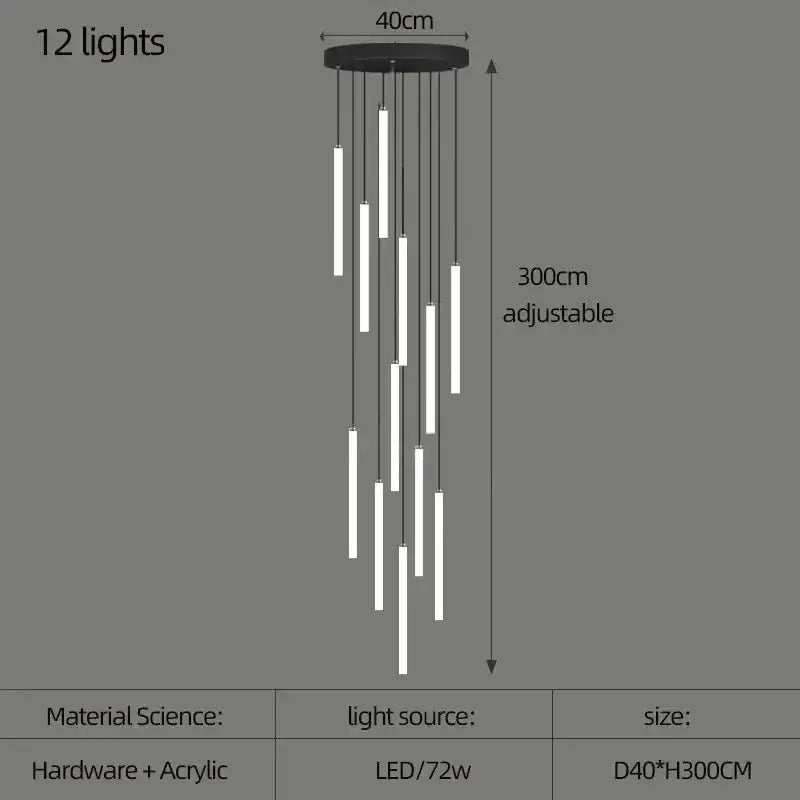 Modern black circular ceiling chandelier with 12 adjustable white acrylic led spiral staircase light tubes by decorbites