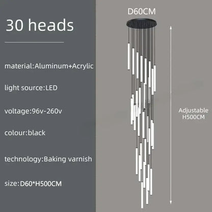 DecorBites™ black led spiral staircase chandelier with 30 aluminum and acrylic light heads for home decor