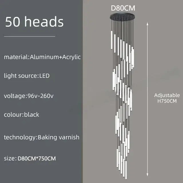 Black DecorBites™ LED spiral staircase chandelier with 50 aluminum and acrylic light heads for home decor
