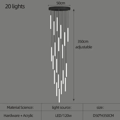 DecorBites™ black circular led spiral staircase chandelier with 20 white acrylic tubes for home decor adjustable height