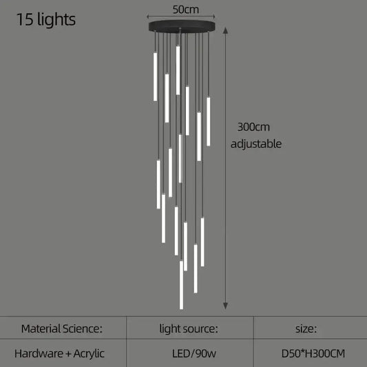 Modern black pendant ceiling light with 15 adjustable white acrylic led rods for led spiral staircase home decor by DecorBites