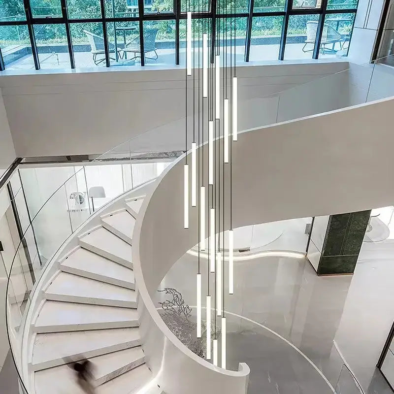 Modern minimalist led spiral staircase chandelier with slender rectangular bars suspended by thin cords for home decoration