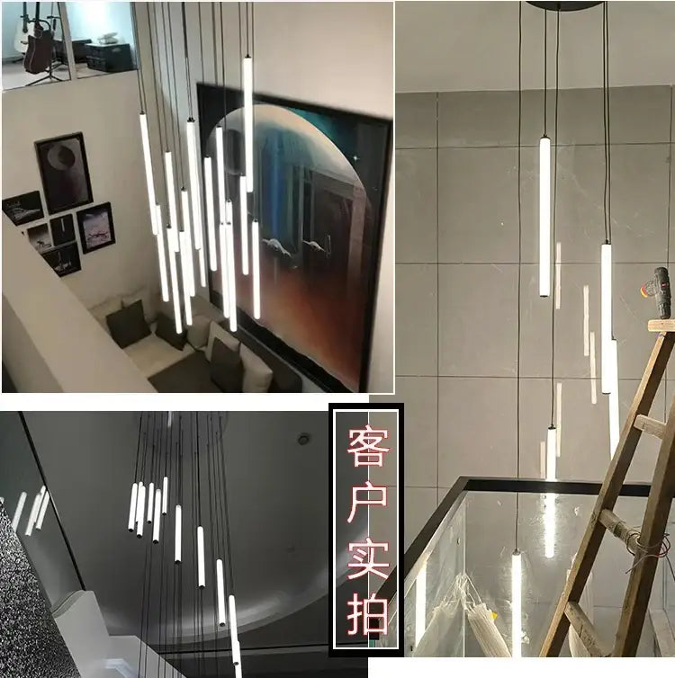 Modern minimalist pendant lights with white acrylic tubes and black cords in decorbites™ led spiral staircase chandelier