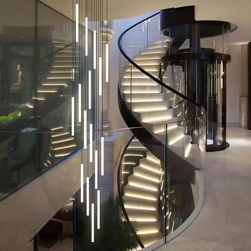 Decorbites™ led spiral staircase chandelier with sleek black metal frame transparent glass railings and illuminated steps