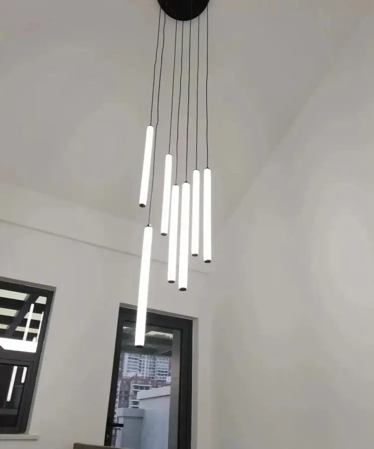 Modern black circular led spiral staircase chandelier with slender white cylindrical light tubes for home decoration