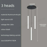Black modern DecorBites™ led spiral staircase chandelier with three vertical led bars and circular aluminum base