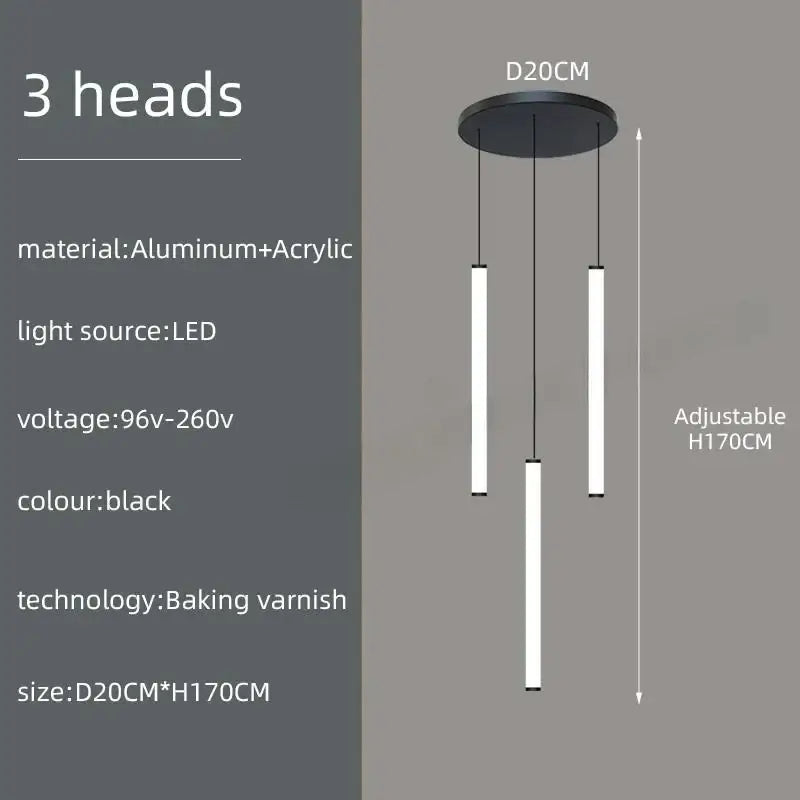 Black modern DecorBites™ led spiral staircase chandelier with three vertical led bars and circular aluminum base