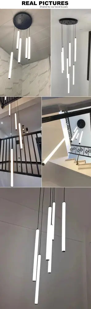 Modern minimalist led spiral staircase chandelier by DecorBites™ with sleek white cylindrical tubes and black fixtures