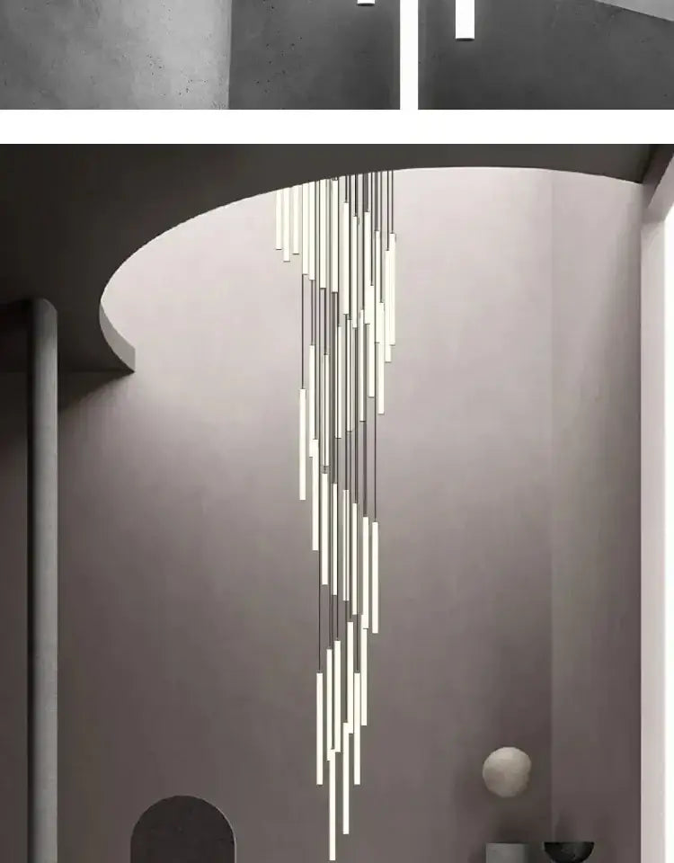 Decorbites led spiral staircase chandelier with slender white and metallic gray cylindrical rods for modern homes