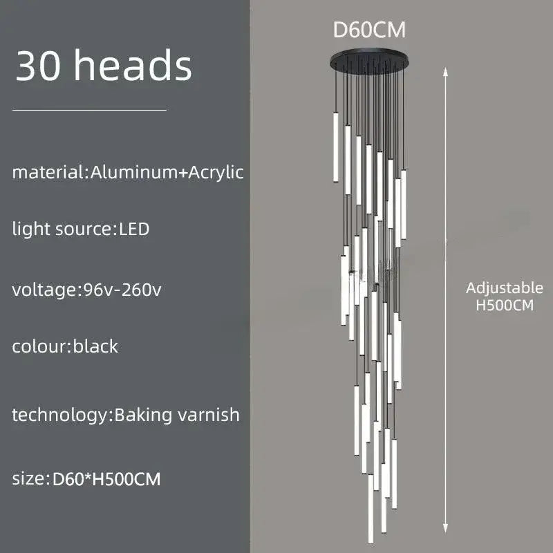 Black modern DecorBites™ led spiral staircase chandelier with 30 slender aluminum and acrylic light heads