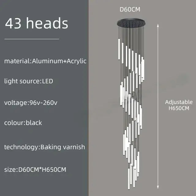 Black modern DecorBites™ led spiral staircase chandelier with 43 led light heads crafted from aluminum and acrylic