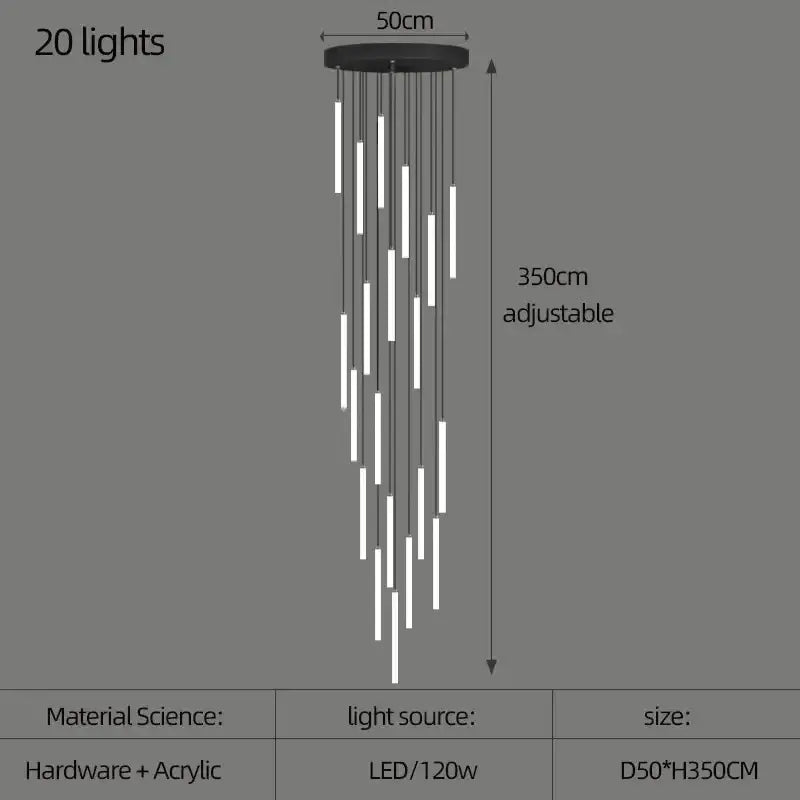 Black circular decorbites™ led spiral staircase chandelier with 20 white acrylic light tubes adjustable to 350cm height