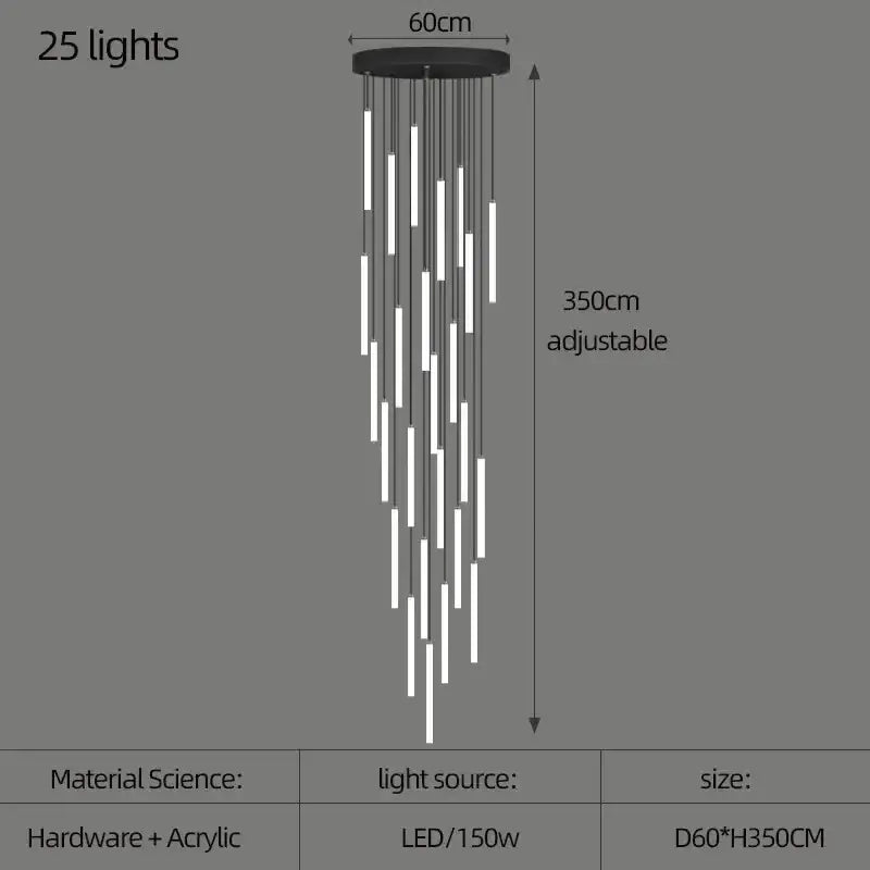 Black and white DecorBites™ LED spiral staircase chandelier with 25 led lights and sleek acrylic design for modern home