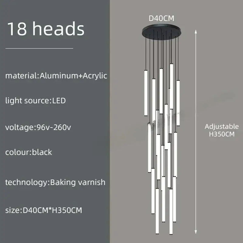 DecorBites™ black led spiral staircase chandelier with 18 slender vertical rods and aluminum base for modern home