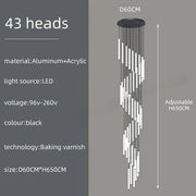 Black DecorBites™ led spiral staircase chandelier with 43 LED heads, crafted from aluminum and acrylic for modern lighting