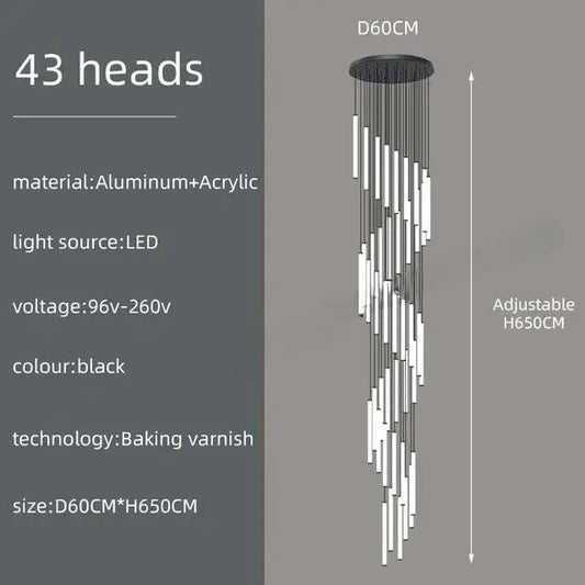 Black DecorBites™ led spiral staircase chandelier with 43 LED heads, crafted from aluminum and acrylic for modern lighting