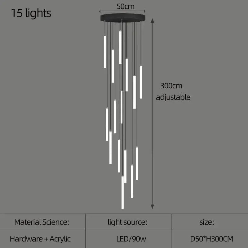 Modern black pendant led spiral staircase chandelier with 15 adjustable white acrylic rods for living room lighting