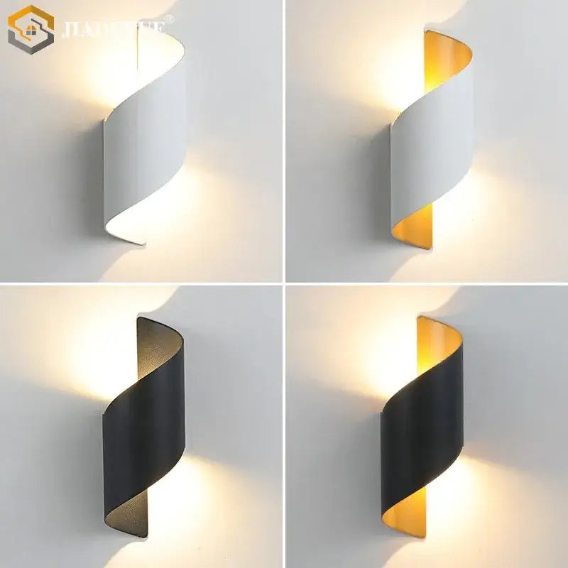 Decorbites led spiral wall light with sleek curved design in white or black finish and gold interior accent for outdoor use