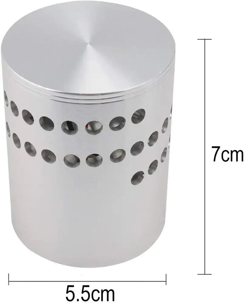Silver cylindrical trash can with brushed metal finish and circular perforations shown with decorbites led spiral wall light
