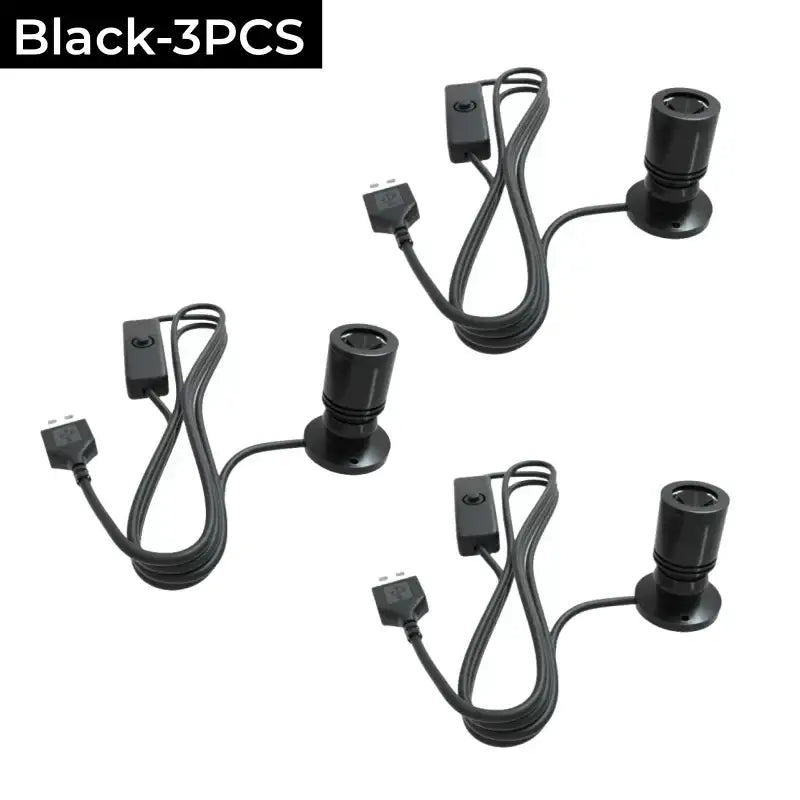 Black cylindrical decorbites led spotlight fixtures with integrated power cords and switches for cabinet and shelf lighting