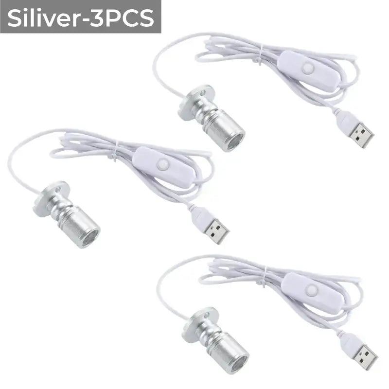 Silver decorbites led spotlight fixtures with white cords and switches for cabinet shelf and ceiling lighting
