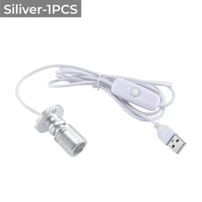 Silver decorbites led spotlight with white power switch and usb-powered cable for cabinets shelves and ceiling lights