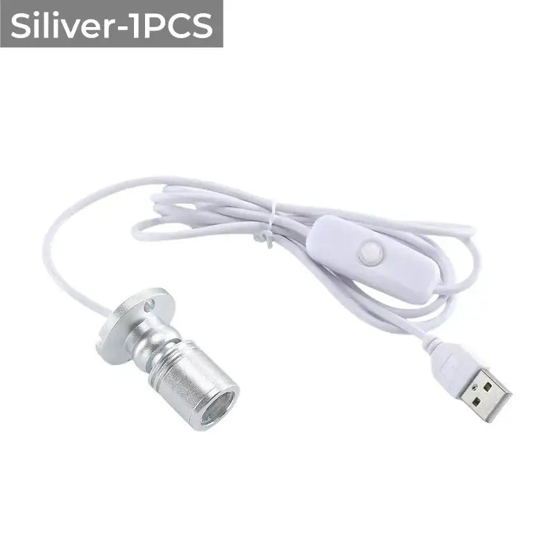Silver decorbites led spotlight with white power switch and usb-powered cable for cabinets shelves and ceiling lights