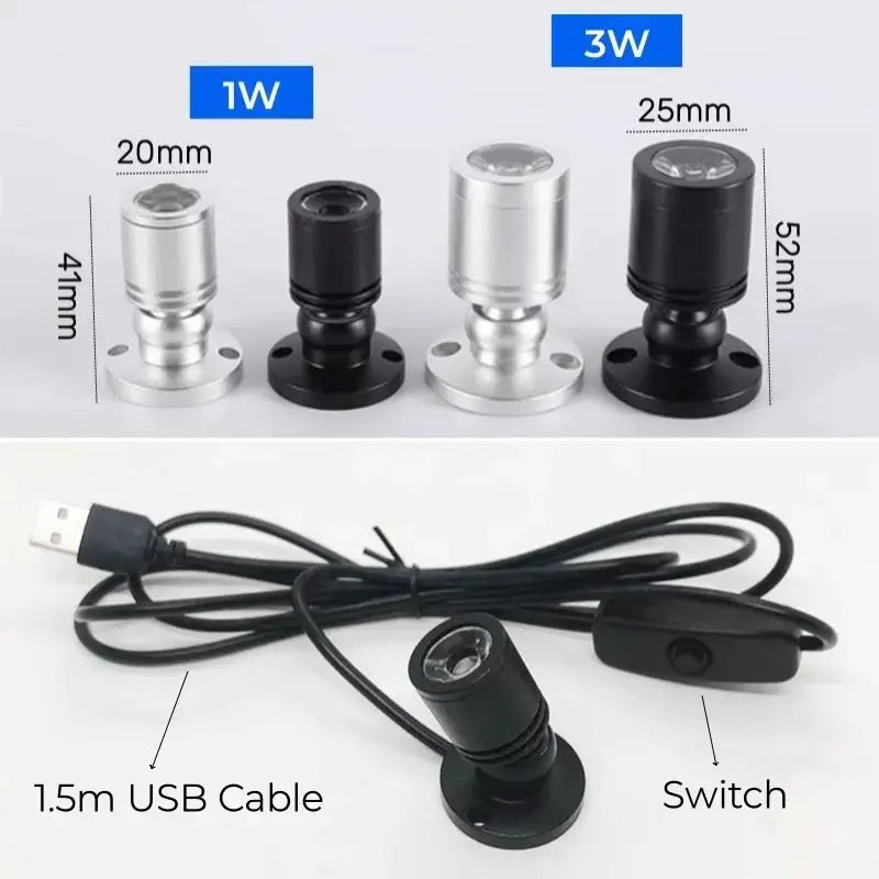 Black and silver decorbites led spotlight 1w 3w dc5v usb powered with adjustable brightness for cabinet shelf lighting