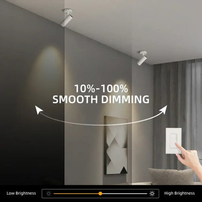 White ceiling-mounted decorbites led spotlight with adjustable dimmable beams illuminating a modern room interior