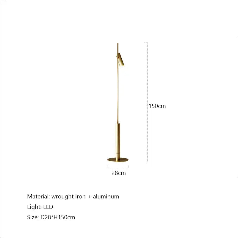 A sleek brass-finished wrought iron and aluminum DecorBites LED spotlight floor lamp with adjustable LED spotlight projection