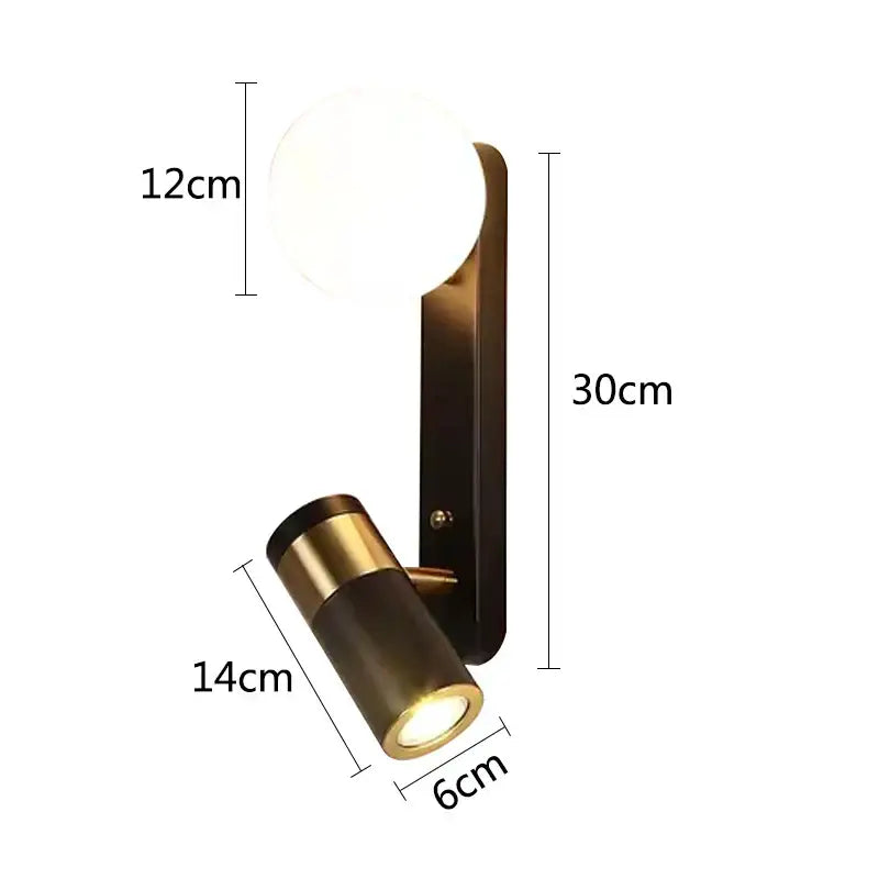Modern brass-finished decorbites led spotlight wall lamp with spherical globe and adjustable spotlight for bedroom use
