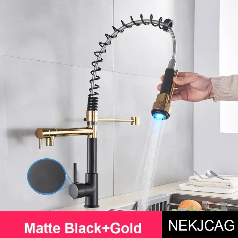 Matte black and gold decorbites led spring kitchen faucet with flexible coiled hose and illuminated spray head for dual swivel use