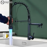 Black matte decorbites led spring kitchen faucet with flexible coiled spout and blue led lighting for modern kitchens