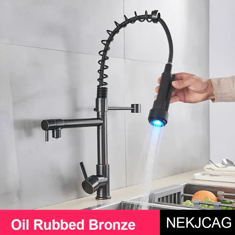 Oil rubbed bronze decorbites led spring kitchen faucet with flexible coiled spout and blue led light for hot cold mixing