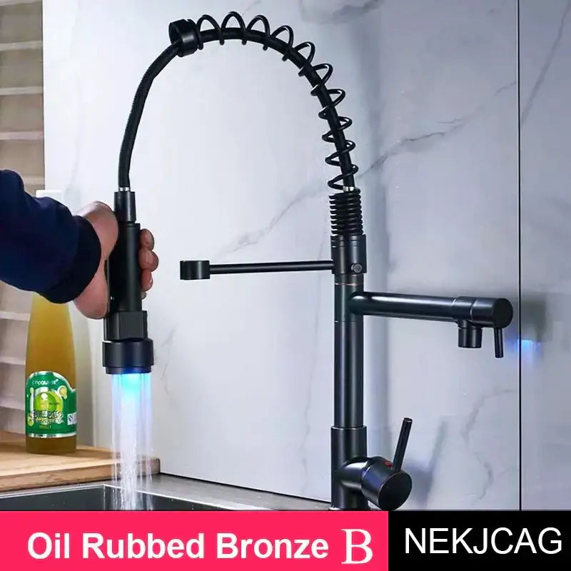 Black oil-rubbed bronze decorbites led spring kitchen faucet with coiled extendable spout and blue led lighting