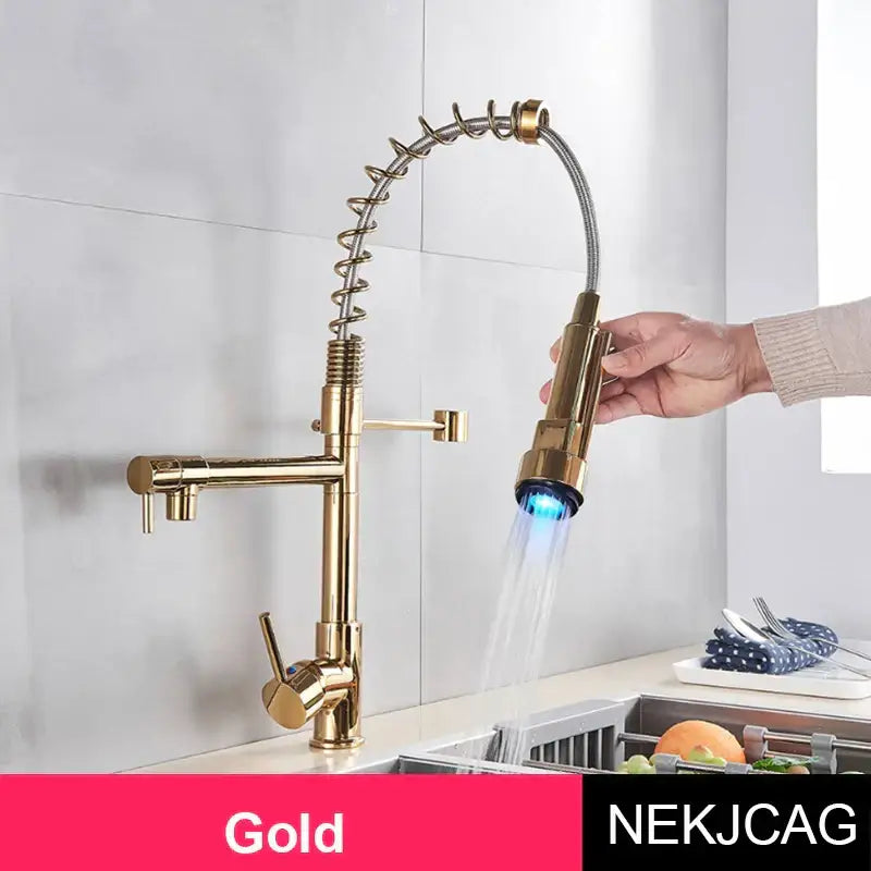 Gold decorbites led spring kitchen faucet with flexible coiled hose and blue illuminated spray nozzle for hot cold mixer tap